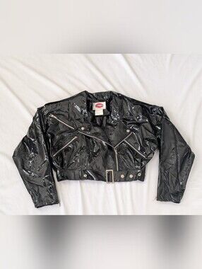 Vtg 80's Shiny Black Vinyl Crop Moto Biker Jacket Glam Rock Punk New Wave Sz S